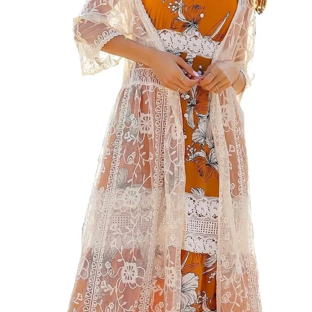 Elegant Cream Lace Swim Cover-Up boho women festival mesh cardigan